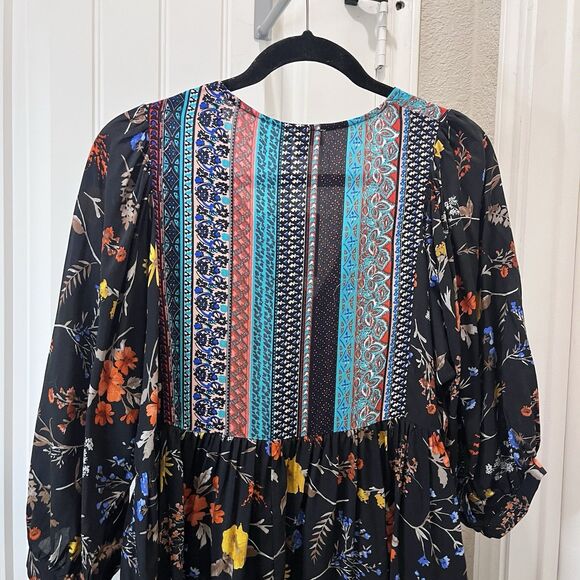 Umgee Floral Boho Peasant Tassels Floral Black Teal Mini Dress Womens Size M NEW - Picture 8 of 10